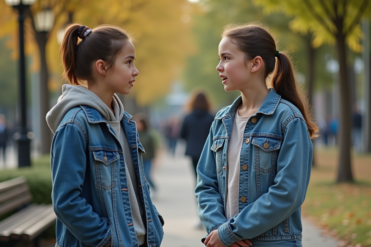 Une adolescente en pleine discussion avec sa soeur en plein air