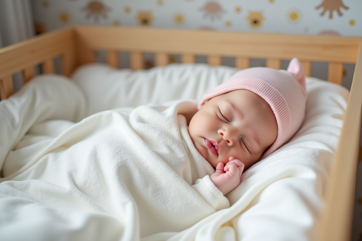 Bébé endormi dans un lit de nurserie avec couverture douce