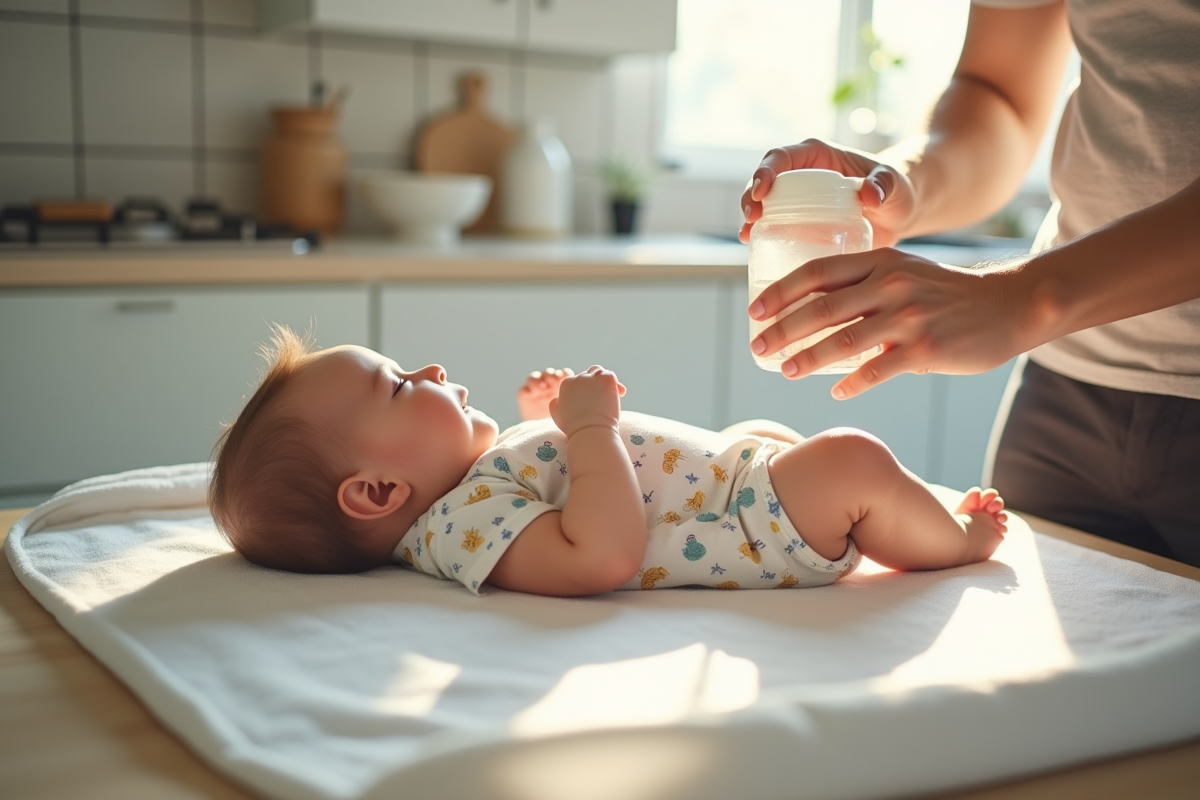 Bébé fille allongée sur le tapis changeant avec son père mesurant la poudre