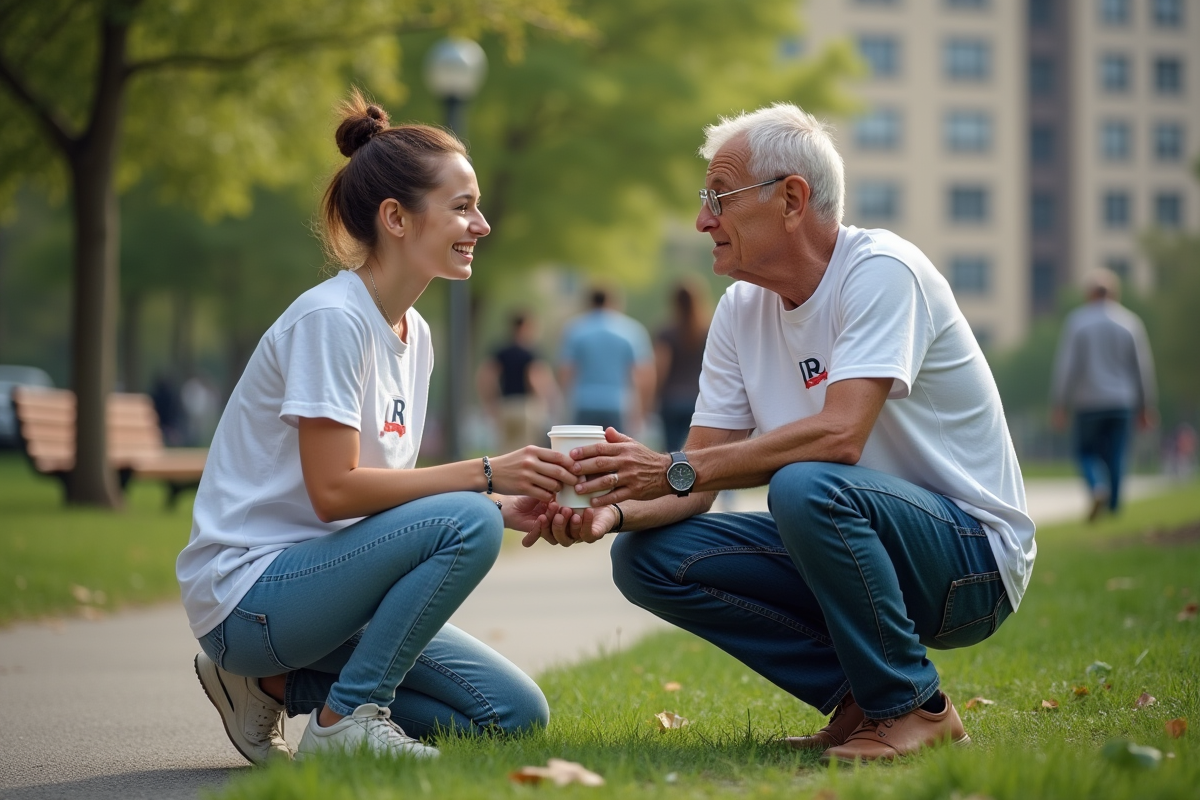 Jeune bénévole offrant un café à un senior dans un parc urbain
