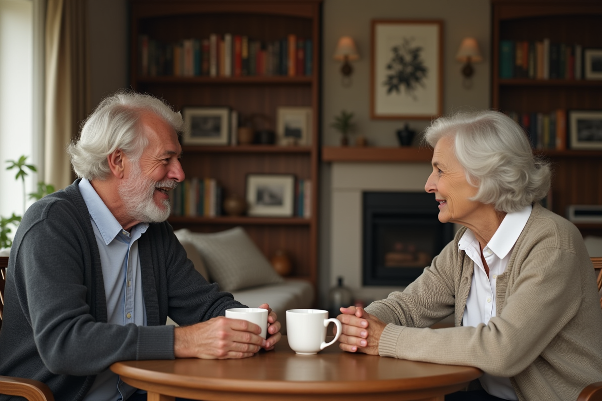 Homme et femme discutant dans un salon chaleureux