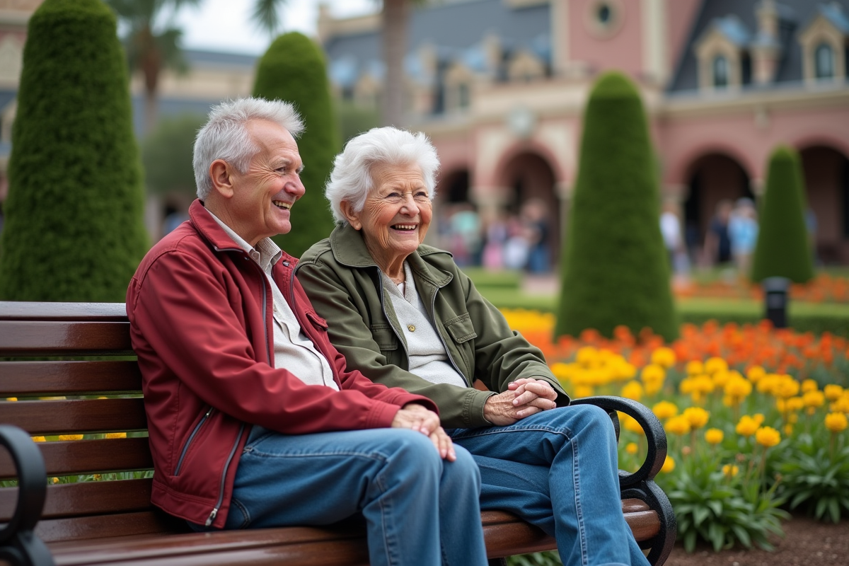Couple âgé assis sur un banc dans le parc Epcot