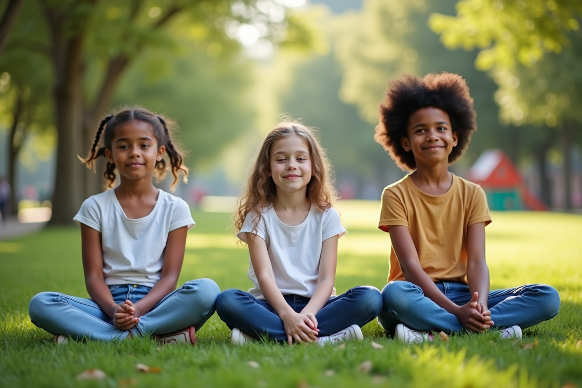 Trois enfants méditant dans un parc calme et verdoyant