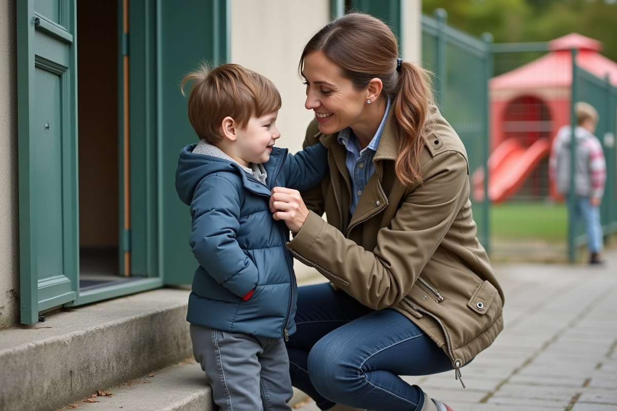 Assistante maternelle aidant un garçon à zipper sa veste dehors