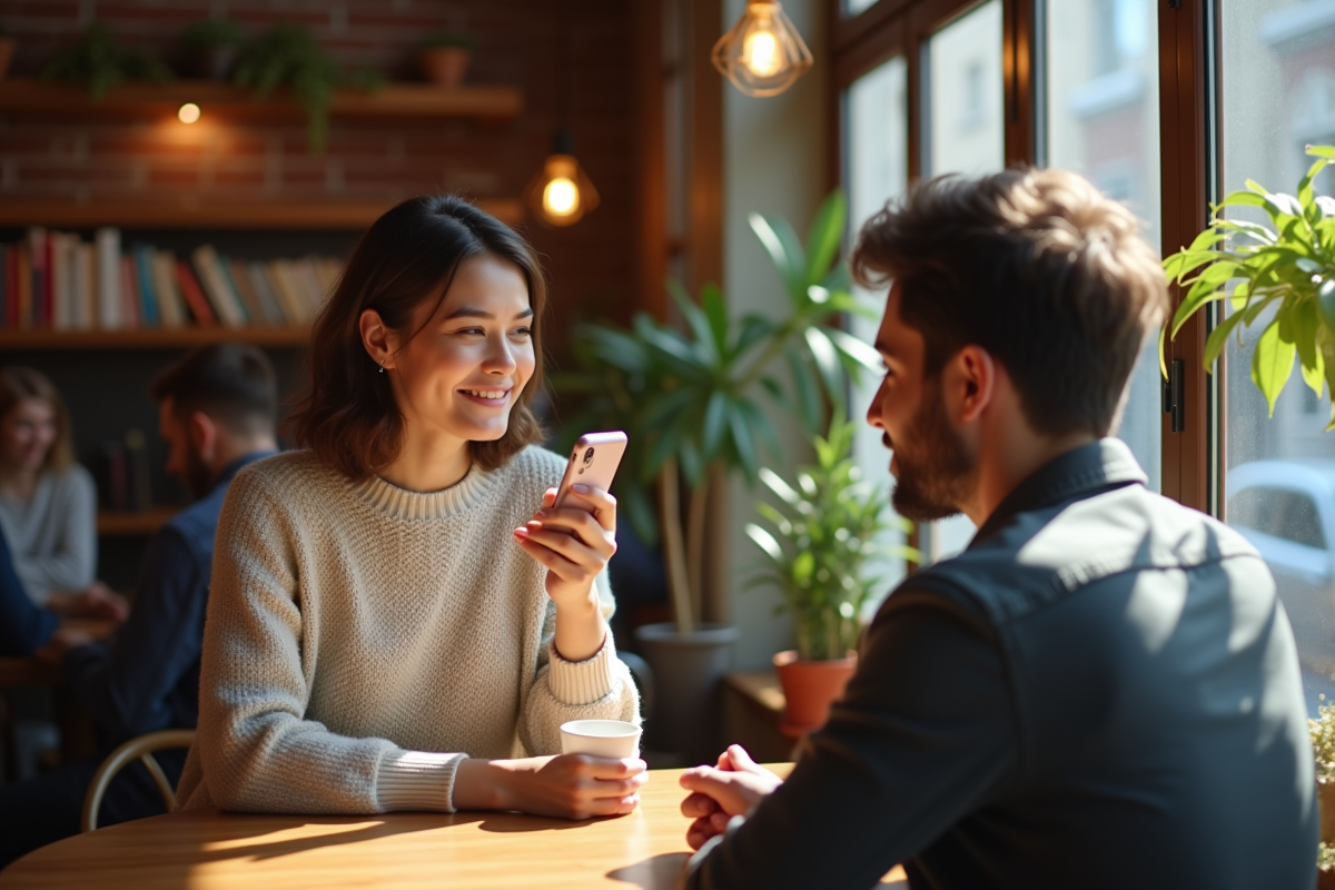 Femme souriante avec un homme dans un café chaleureux