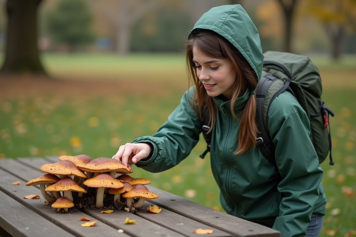 Jeune femme pointant des champignons toxiques sur une table