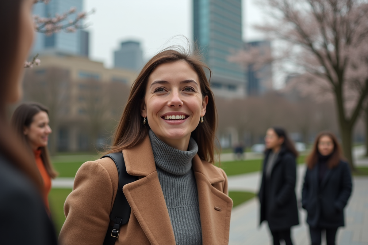 Jeune femme parlant avec des amis dans un parc urbain au printemps