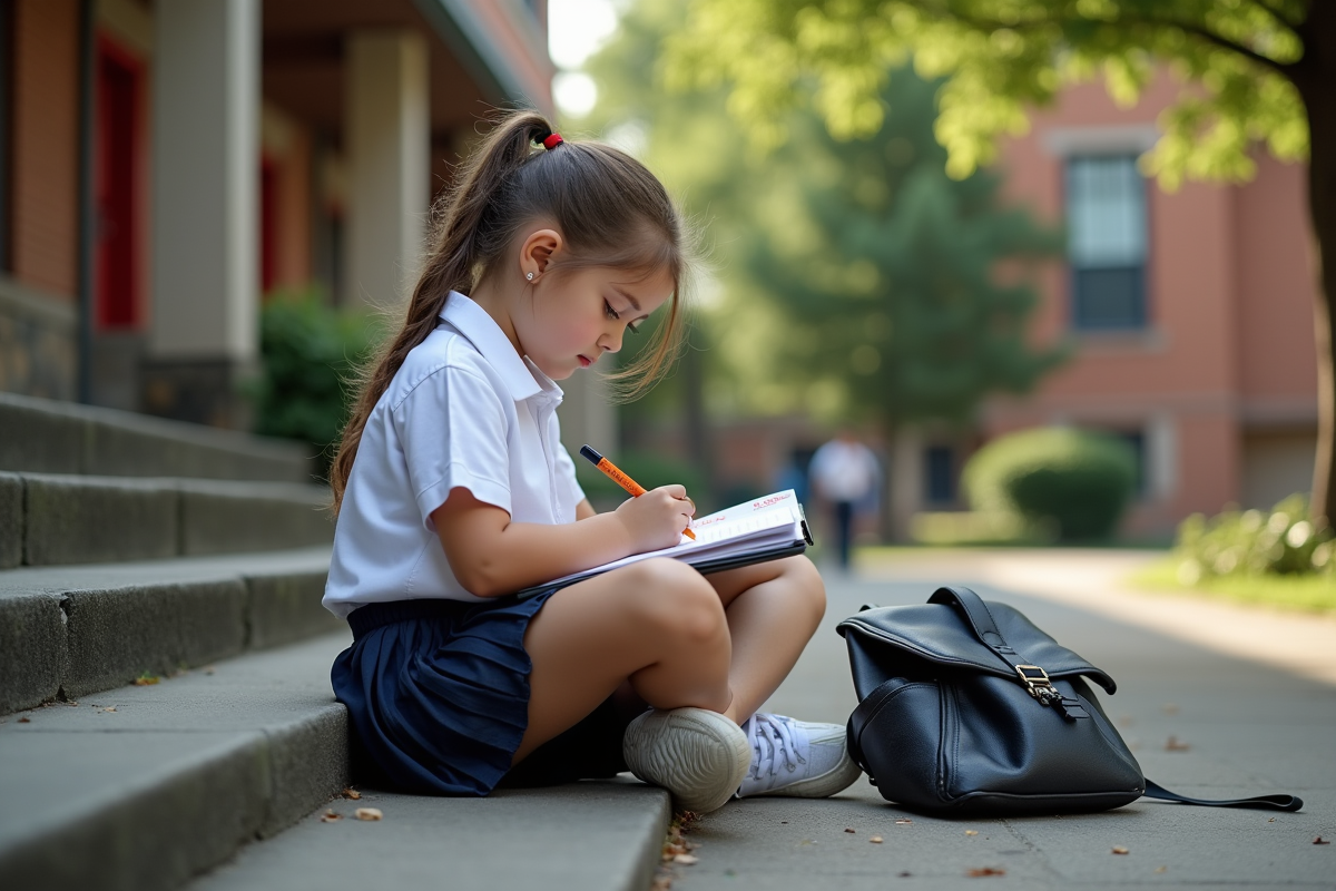 Jeune fille écrivant sur un carnet dehors sur les escaliers
