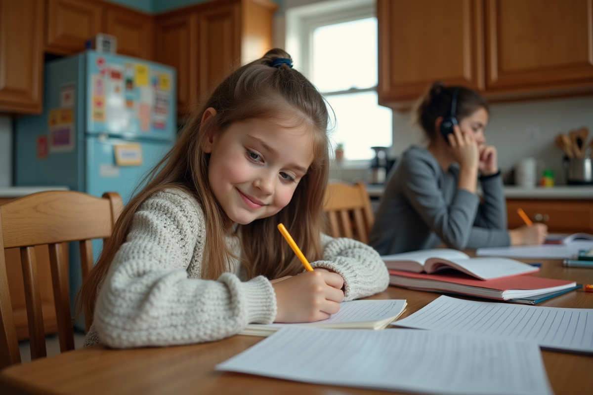 Fille de 11 ans dessine à la table de cuisine en matinée