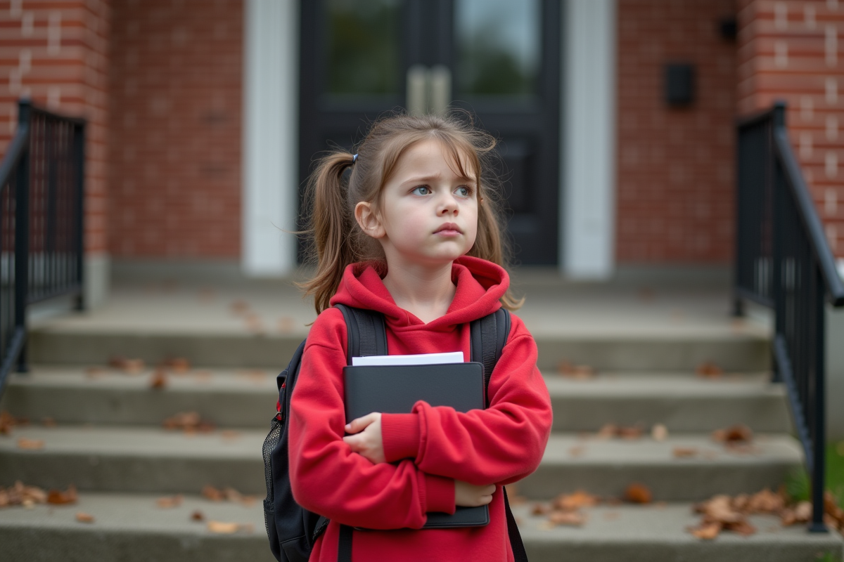 Fille dehors devant l école avec sac à dos et expression frustrée