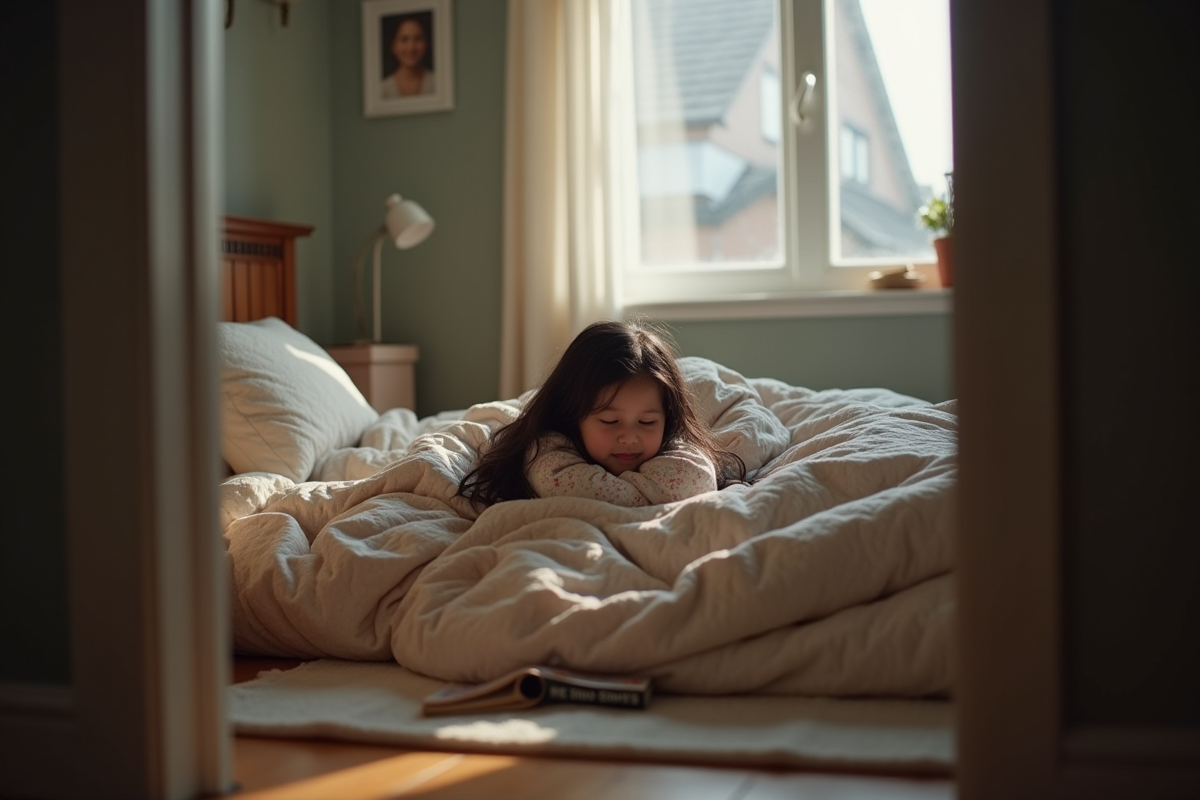 Fille de sept ans endormie dans sa chambre douillette