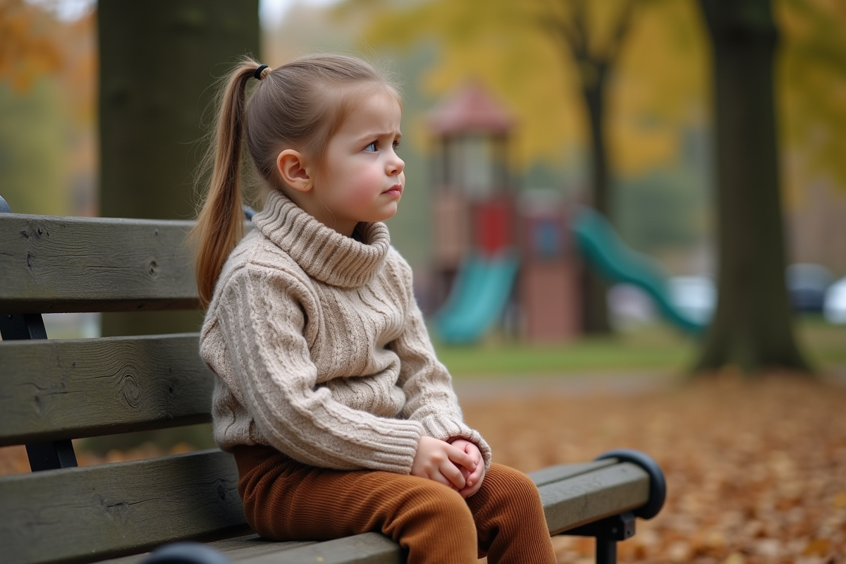 Fille de 6 ans assise sur un banc dans un parc automnal