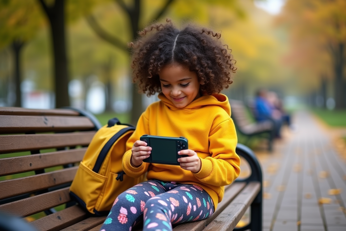 Fille de 7 ans jouant avec une console dans un parc en automne