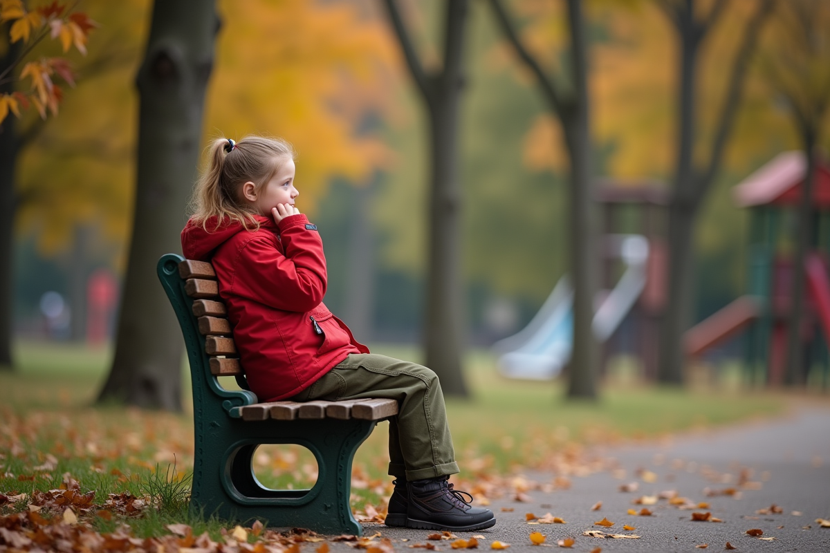 Fille de 10 ans assise sur un banc de parc en automne contemplant la nature