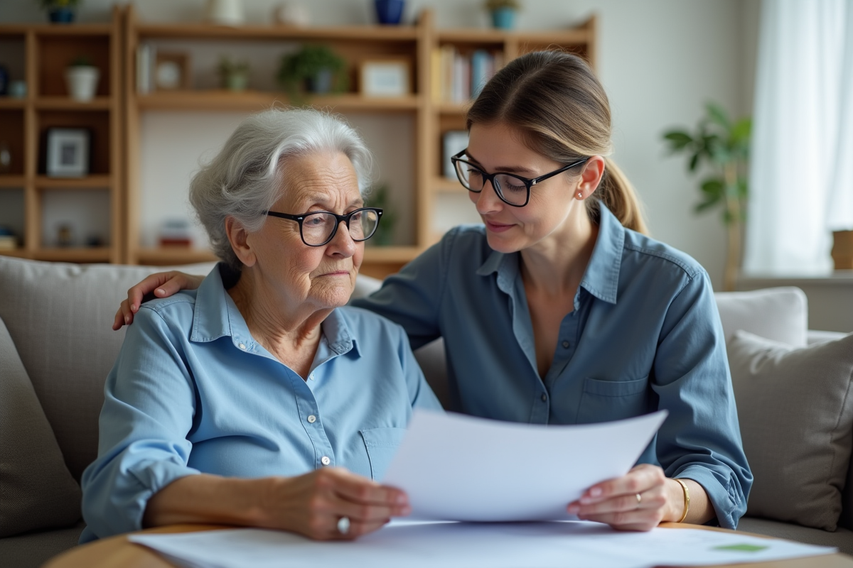 Fille aidant sa mère âgée avec des papiers