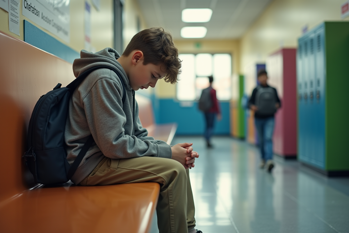 Garçon de 11 ans assis dans un couloir d