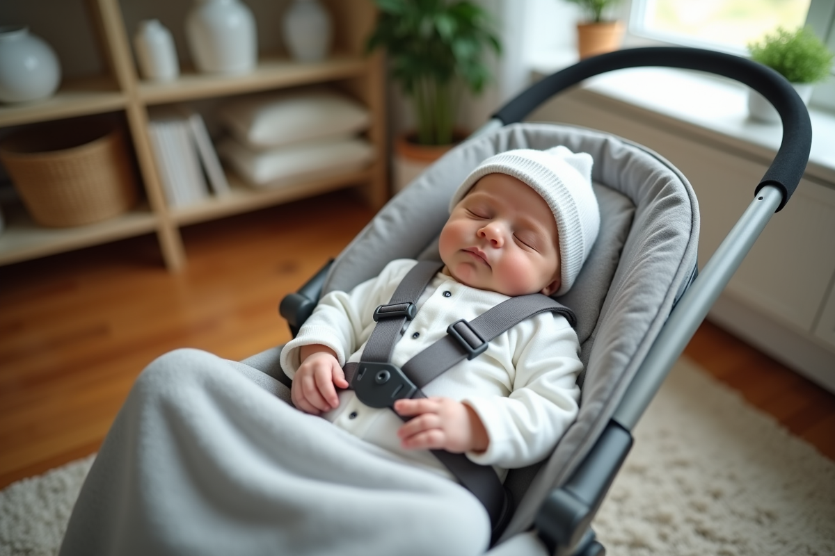 Nouveau-né garçon endormi dans une poussette moderne en intérieur