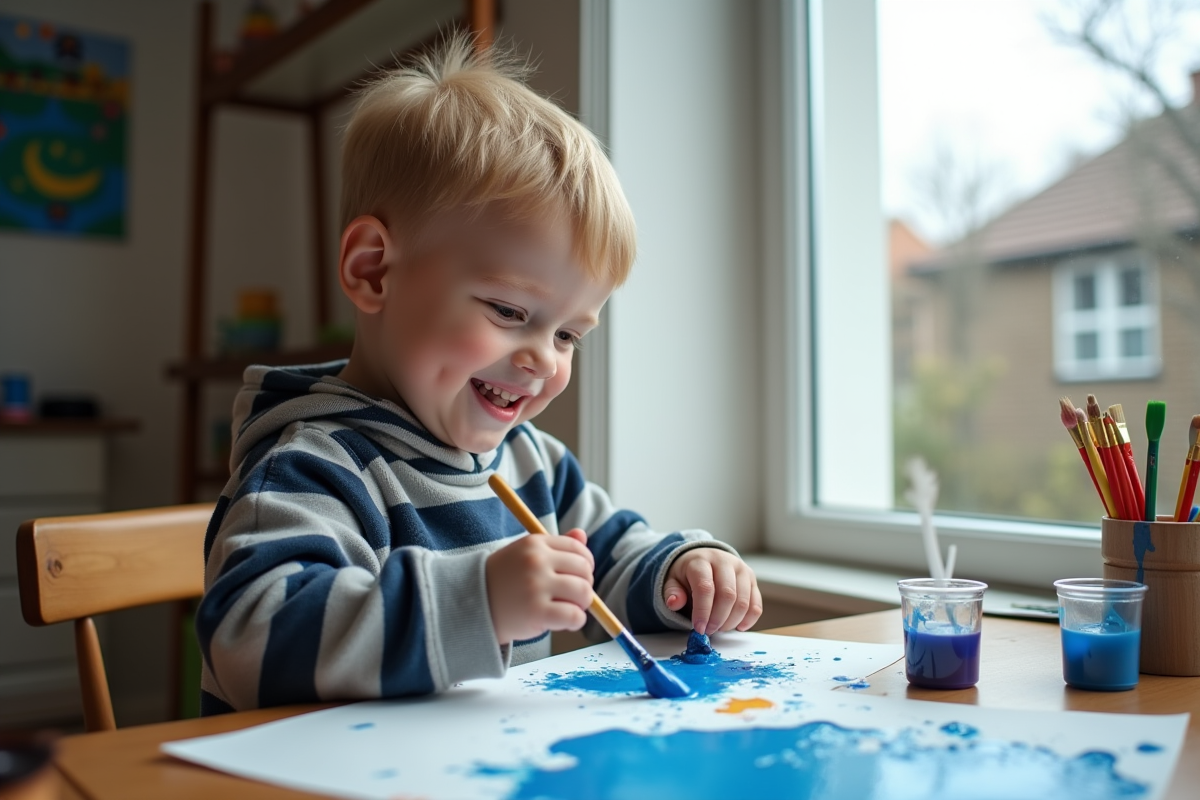 Garçon de deux ans peint avec des couleurs vives à une table lumineuse