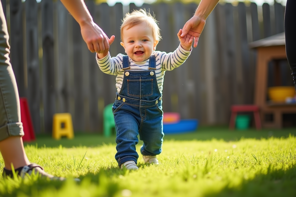 Petit garcon en salopette dans le jardin en train de marcher