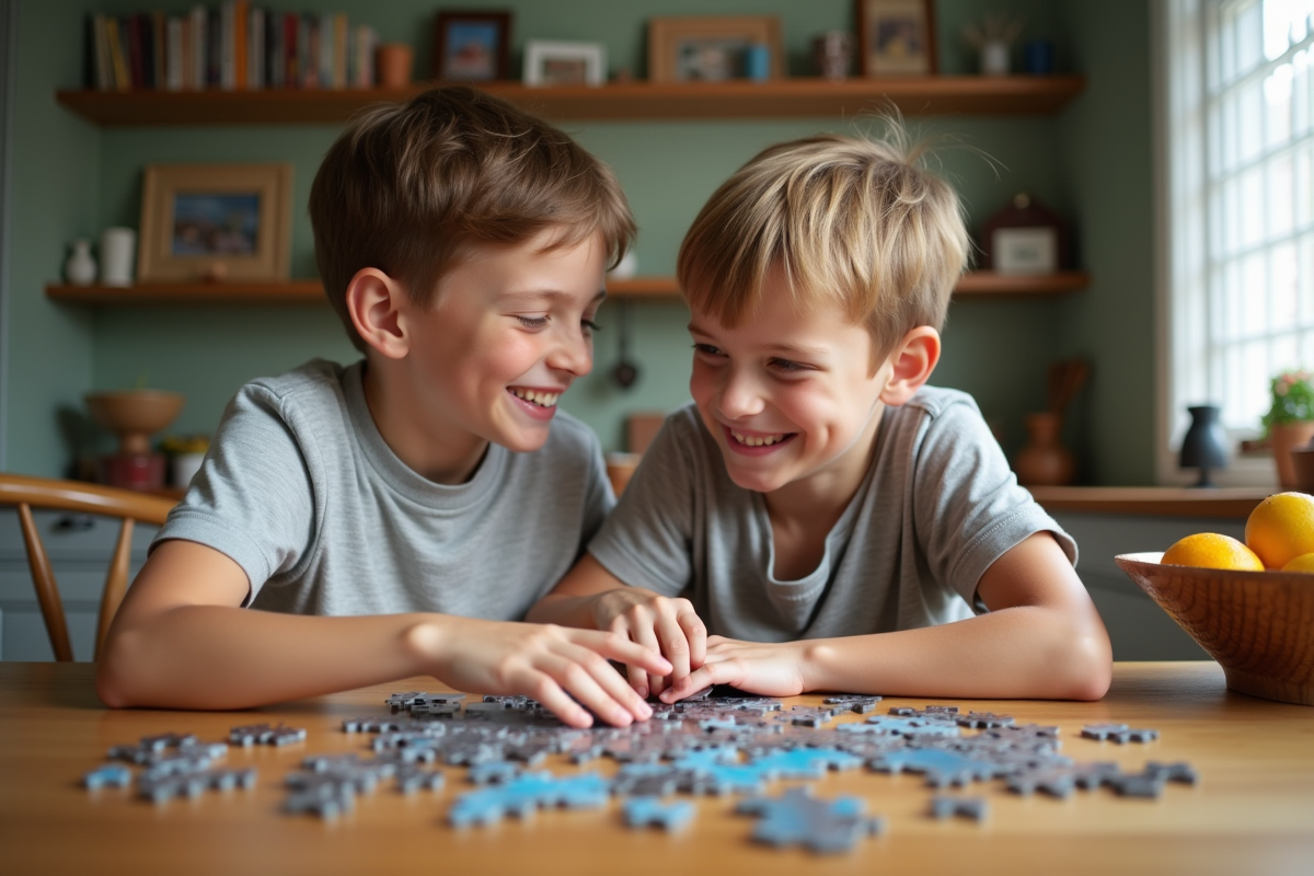 Deux garçons discutant autour d’un puzzle dans la cuisine