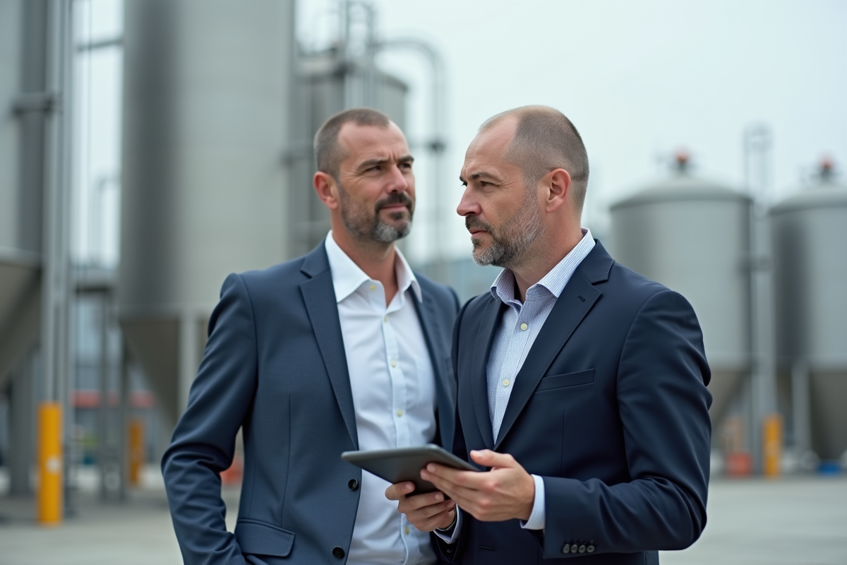 Homme gestionnaire de risques avec tablette en site industriel