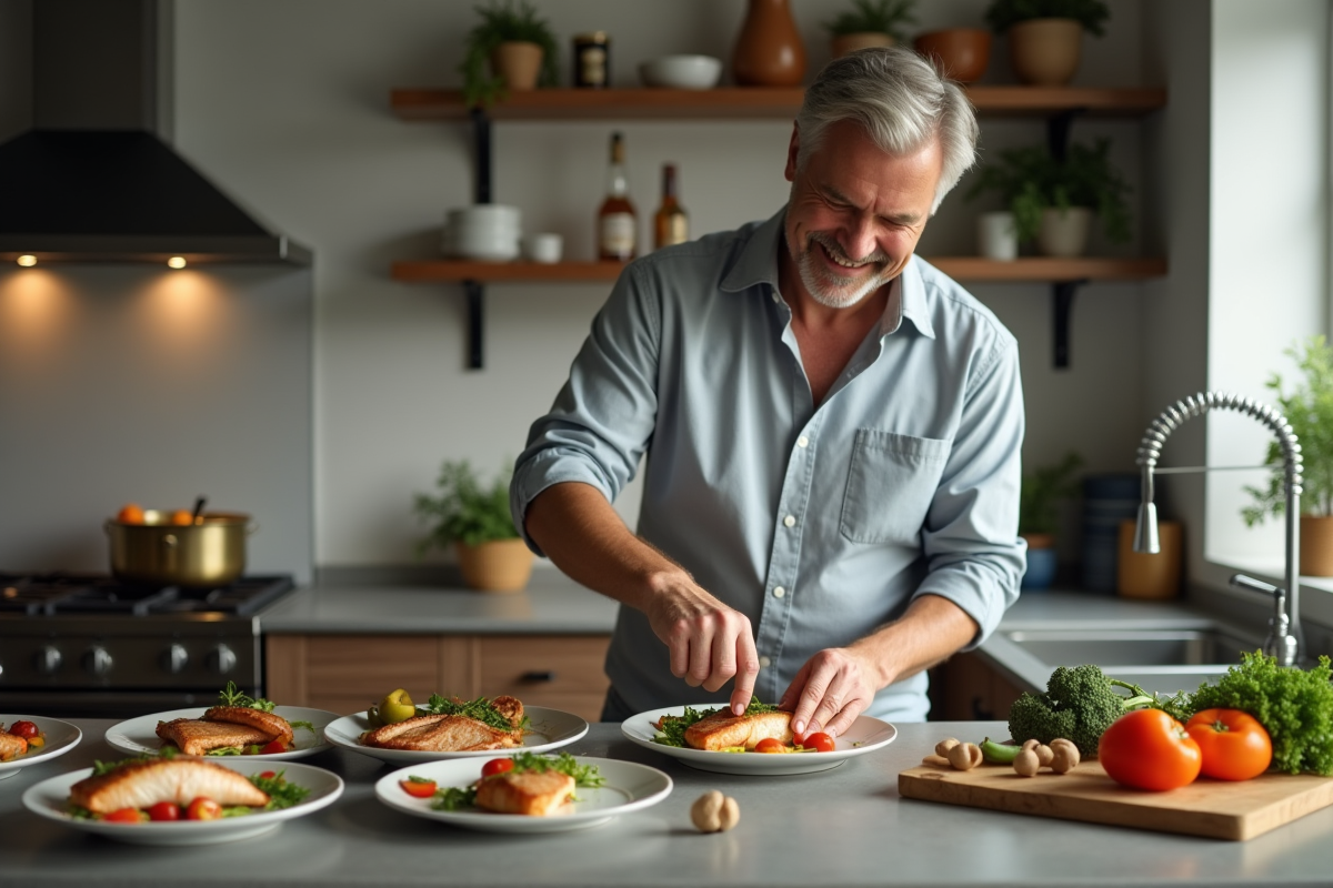 Homme préparant poisson et légumes dans une cuisine moderne
