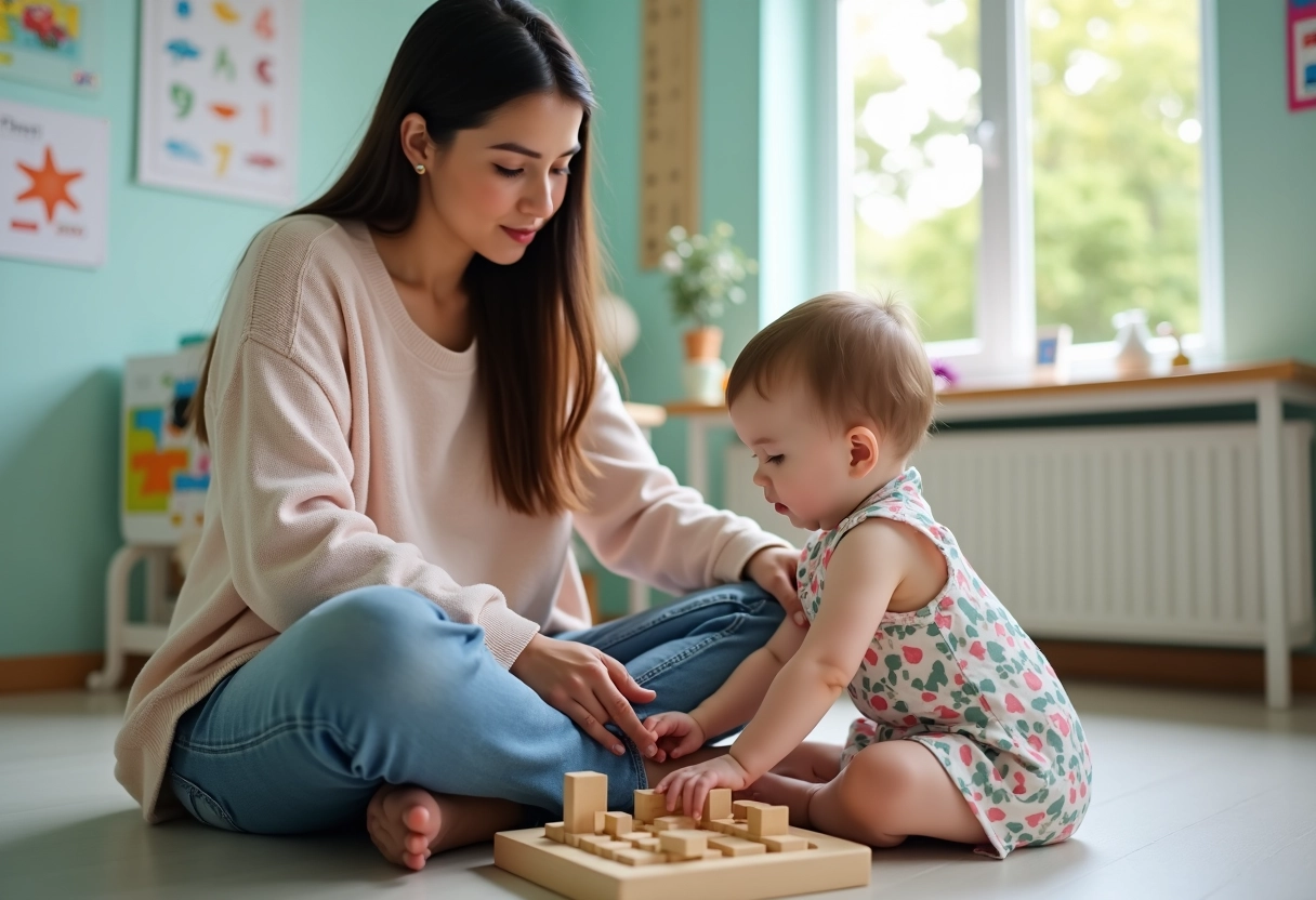 Jeune maman observe son bébé de huit mois jouer avec un puzzle en clinique