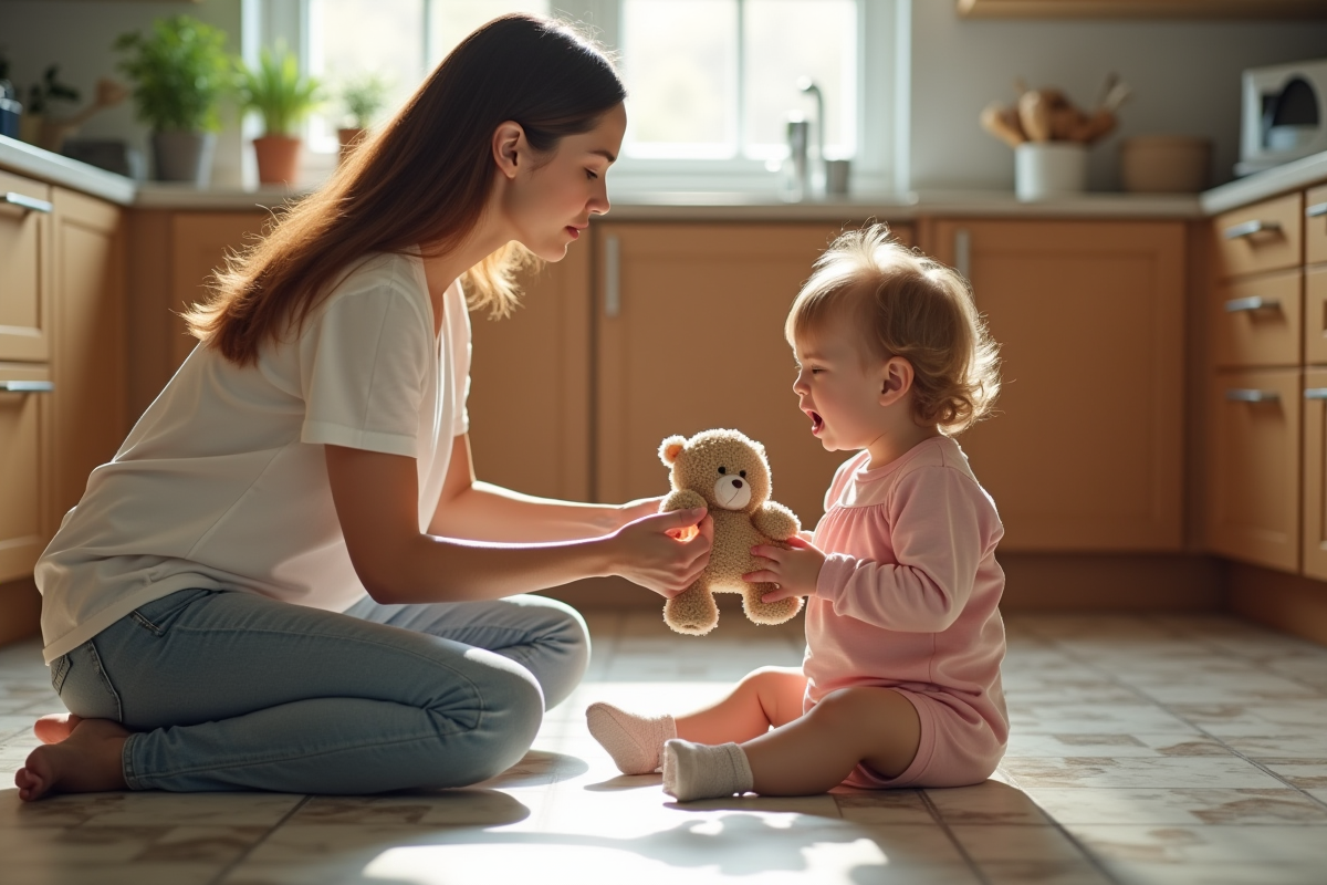 Maman calme tenant sa fille en crise dans la cuisine lumineuse