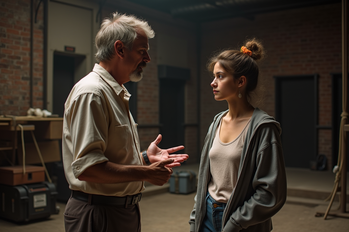 Metteur en scène et actrice en conversation en coulisses