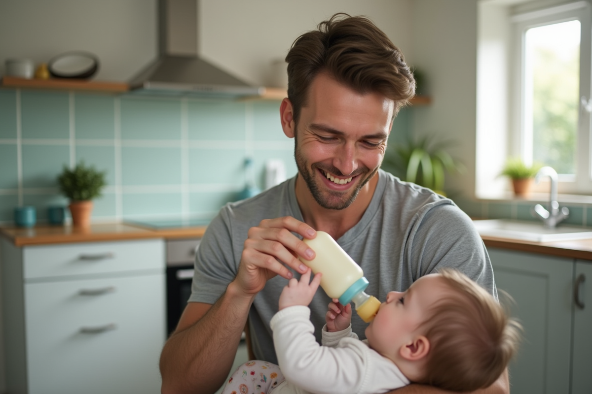 Père en t-shirt gris donne le biberon à sa fille dans la cuisine lumineuse