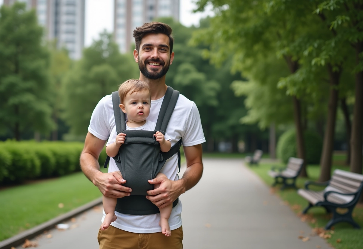 Père tenant un enfant dans un porte-bébé usé en plein air dans un parc