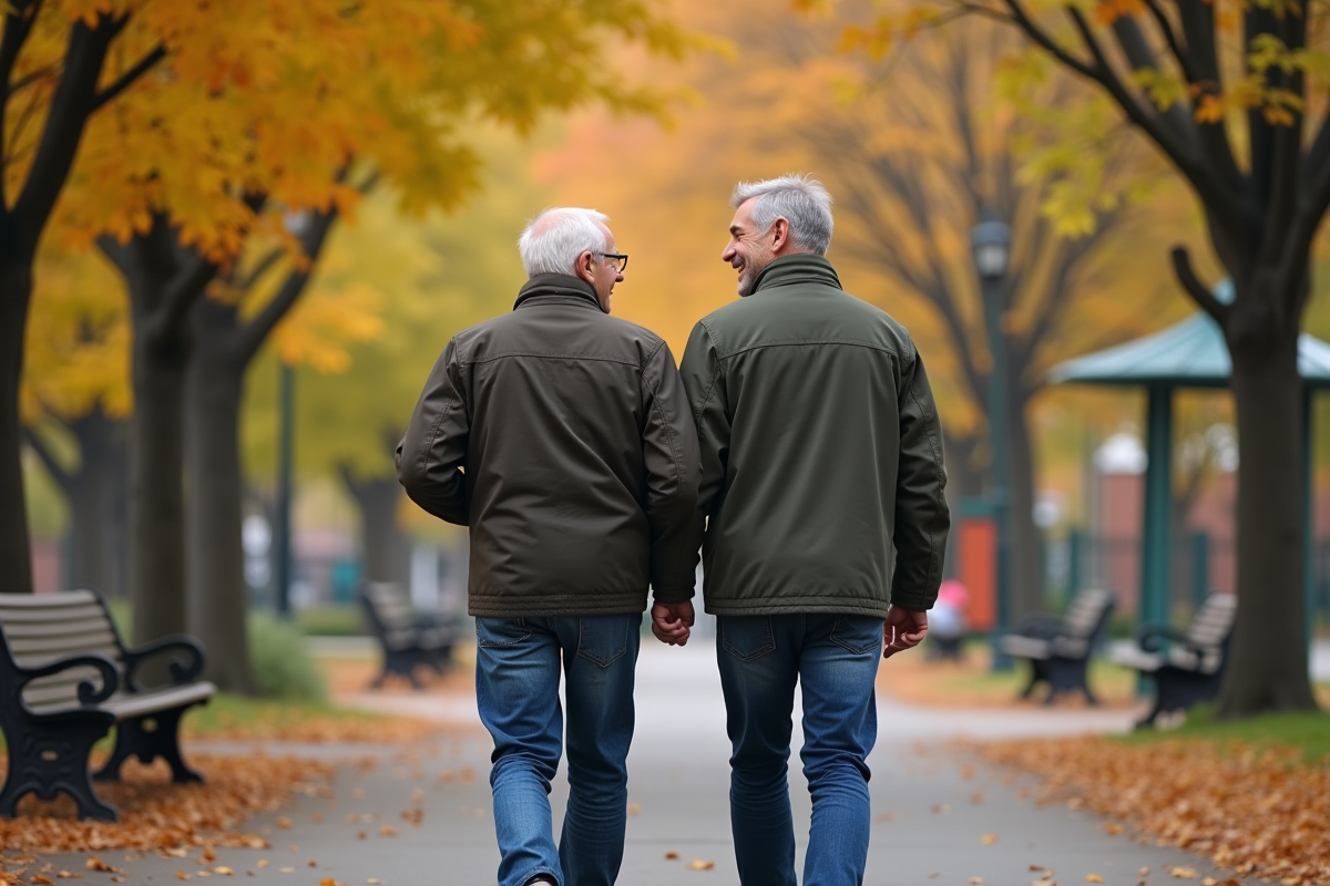 Père et fils marchant dans un parc en automne en riant