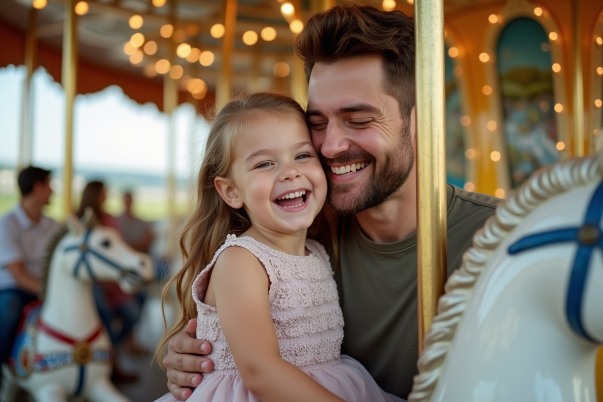 Père et fille riant sur un cheval de manège en parc d
