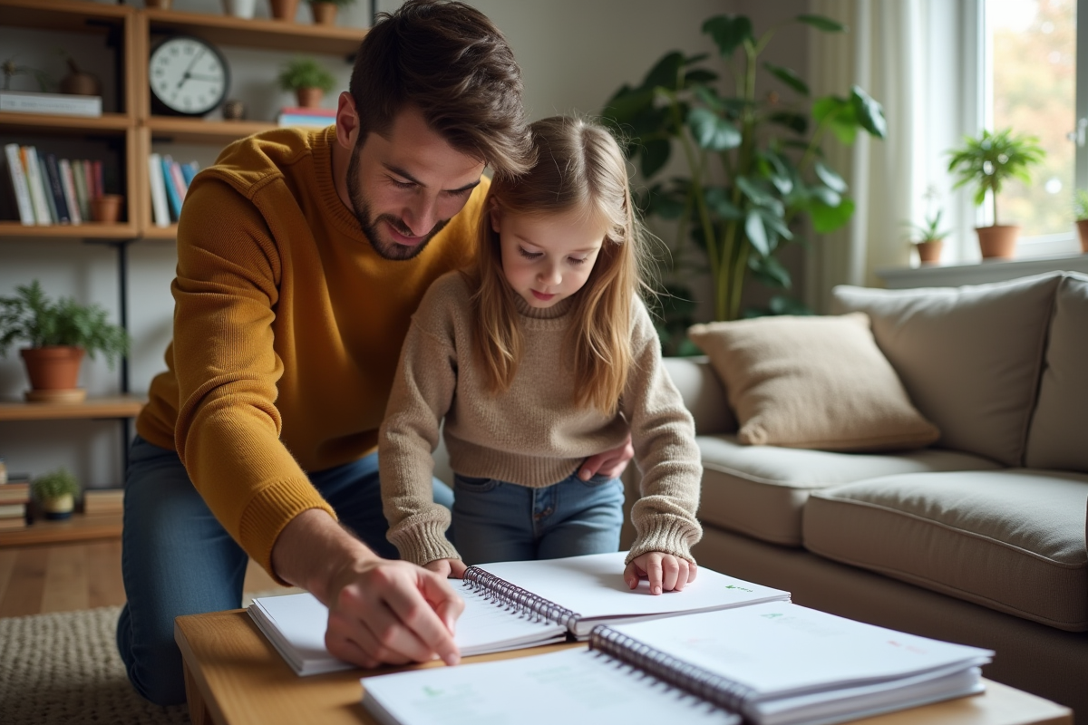 Pere et fille organisent un planning dans le salon lumineux