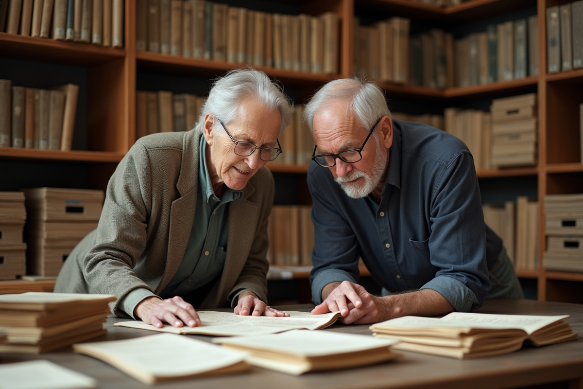 Père et fille examinent des archives familiales dans une bibliothèque